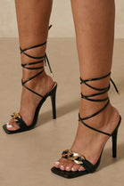 Black PU Chunky Chain Detail Tie Leg Heels