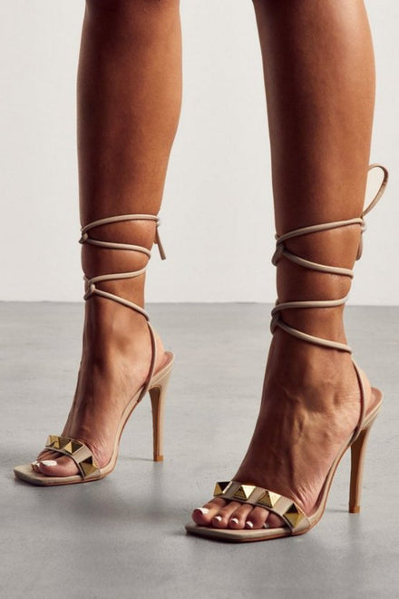 Nude Stiletto High Heels with Studded Strap & Lace Up Detail