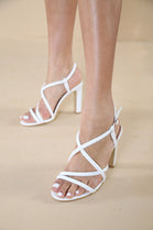 White PU Multi Strap Thin Block Heel Sandals