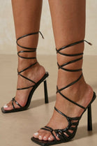 Black PU Strappy Lace Tie Up High Heels