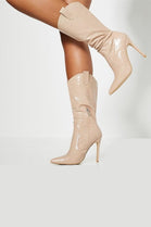 Nude Croc Pointed Toe High Heel Boots with Side Zip