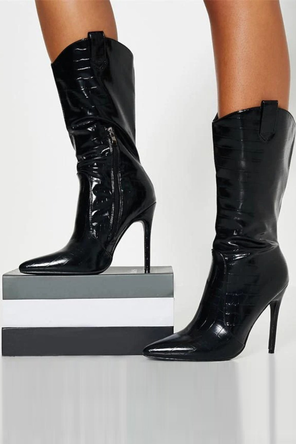 Black Croc Pointed Toe High Heel Boots with Side Zip