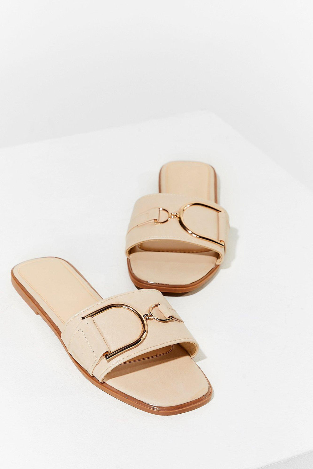 Nude PU Buckle Strap Slider Sandals