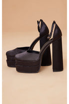 BLACK SATIN SQUARE TOE PLATFORM BLOCK HIGH HEEL COURT PUMP