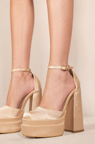 CHAMPAGNE SATIN SQUARE TOE PLATFORM BLOCK HIGH HEEL COURT PUMP