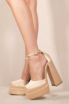 CHAMPAGNE SATIN SQUARE TOE PLATFORM BLOCK HIGH HEEL COURT PUMP