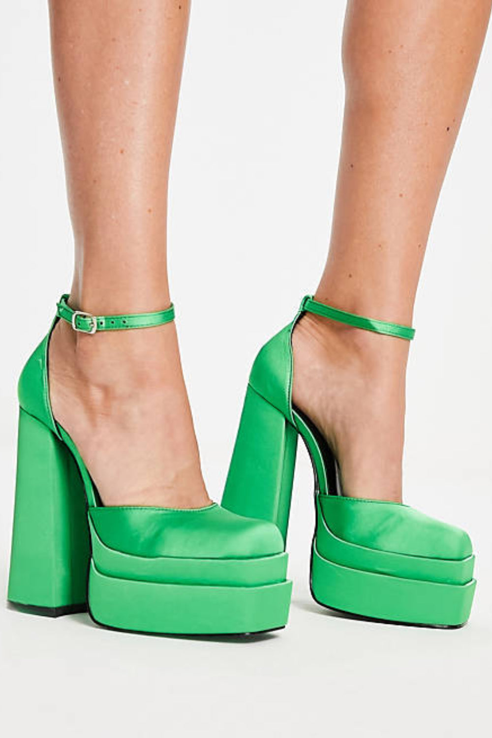 GREEN BEE SATIN SQUARE TOE PLATFORM BLOCK HIGH HEEL COURT PUMP