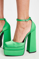 GREEN BEE SATIN SQUARE TOE PLATFORM BLOCK HIGH HEEL COURT PUMP