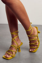 Lime Low Heel Strappy Sandal with Square Toe & Leg Tie