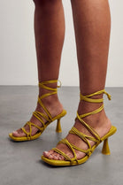 Lime Low Heel Strappy Sandal with Square Toe & Leg Tie