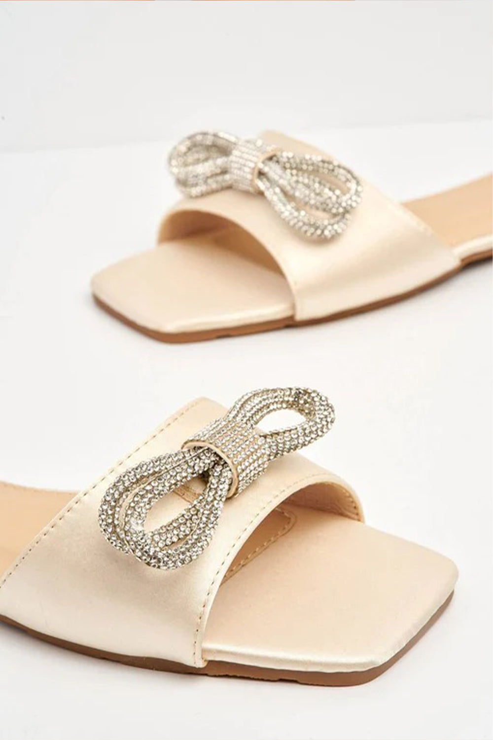 Champagne Satin Flatform Sliders With Diamante Bow