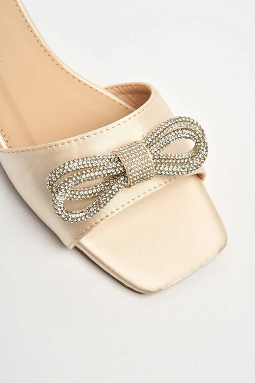 Champagne Satin Flatform Sliders With Diamante Bow