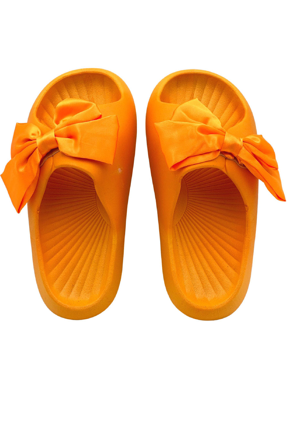 ORANGE FLAT SOLE BOW DETAIL RUBBER SLIDER SANDALS