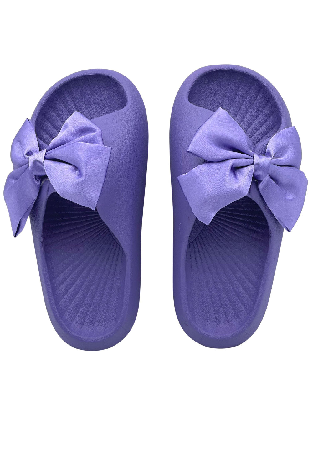 PURPLE FLAT SOLE BOW DETAIL RUBBER SLIDER SANDALS