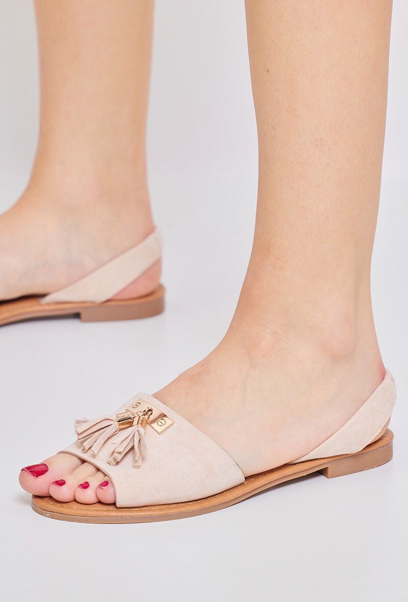 BEIGE TASSEL DETAIL FLAT SLING BACK SLIDER SANDAL