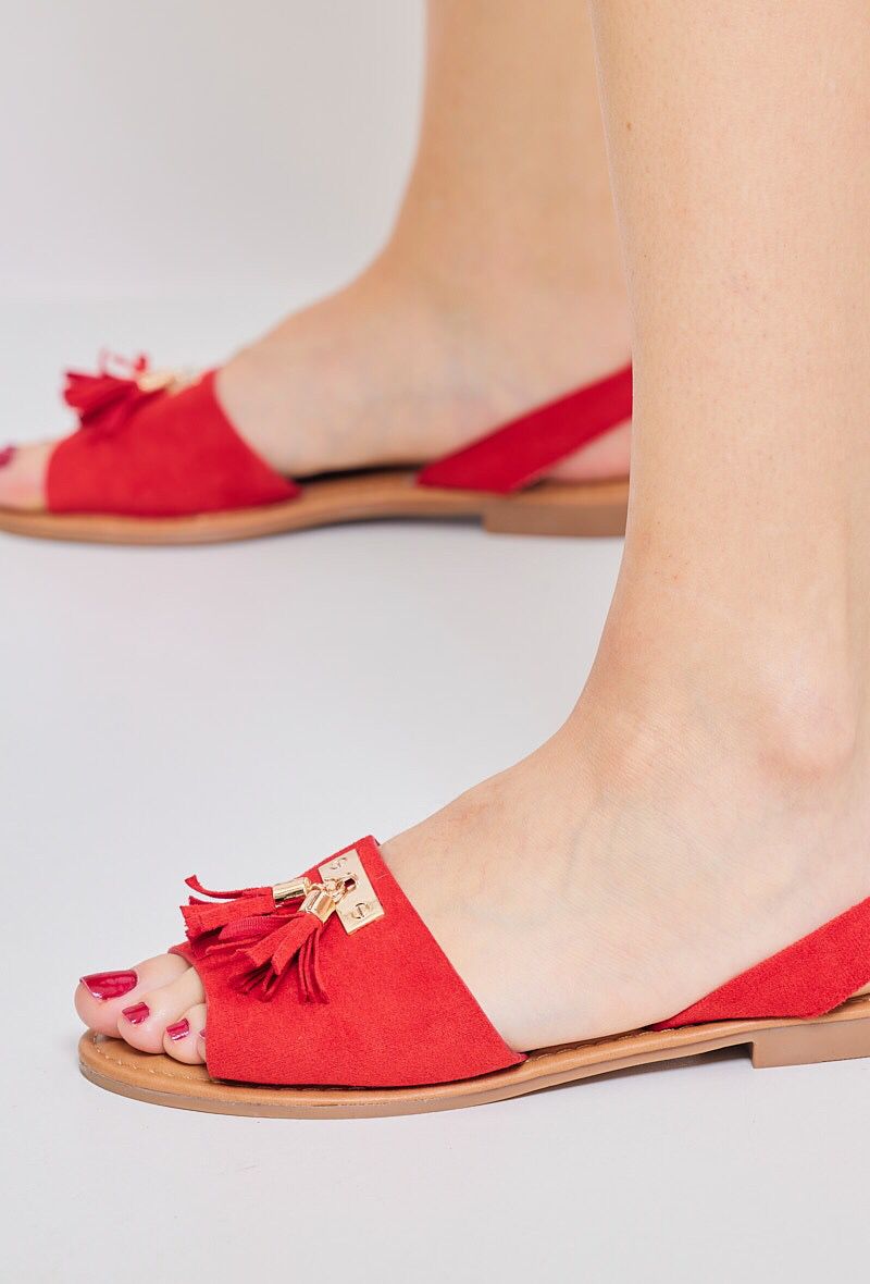 RED TASSEL DETAIL FLAT SLING BACK SLIDER SANDAL