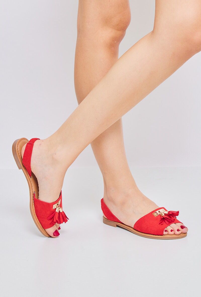 RED TASSEL DETAIL FLAT SLING BACK SLIDER SANDAL